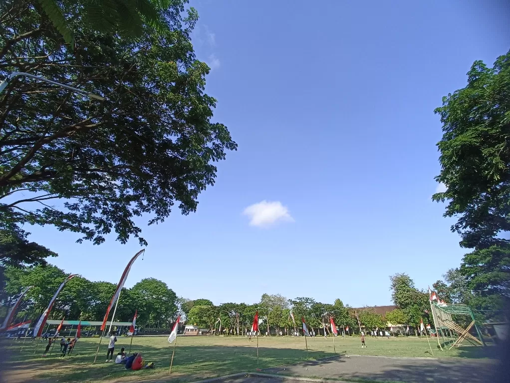 Lapangan hijau luas di Taman Lumintang untuk olahraga dan rekreasi.